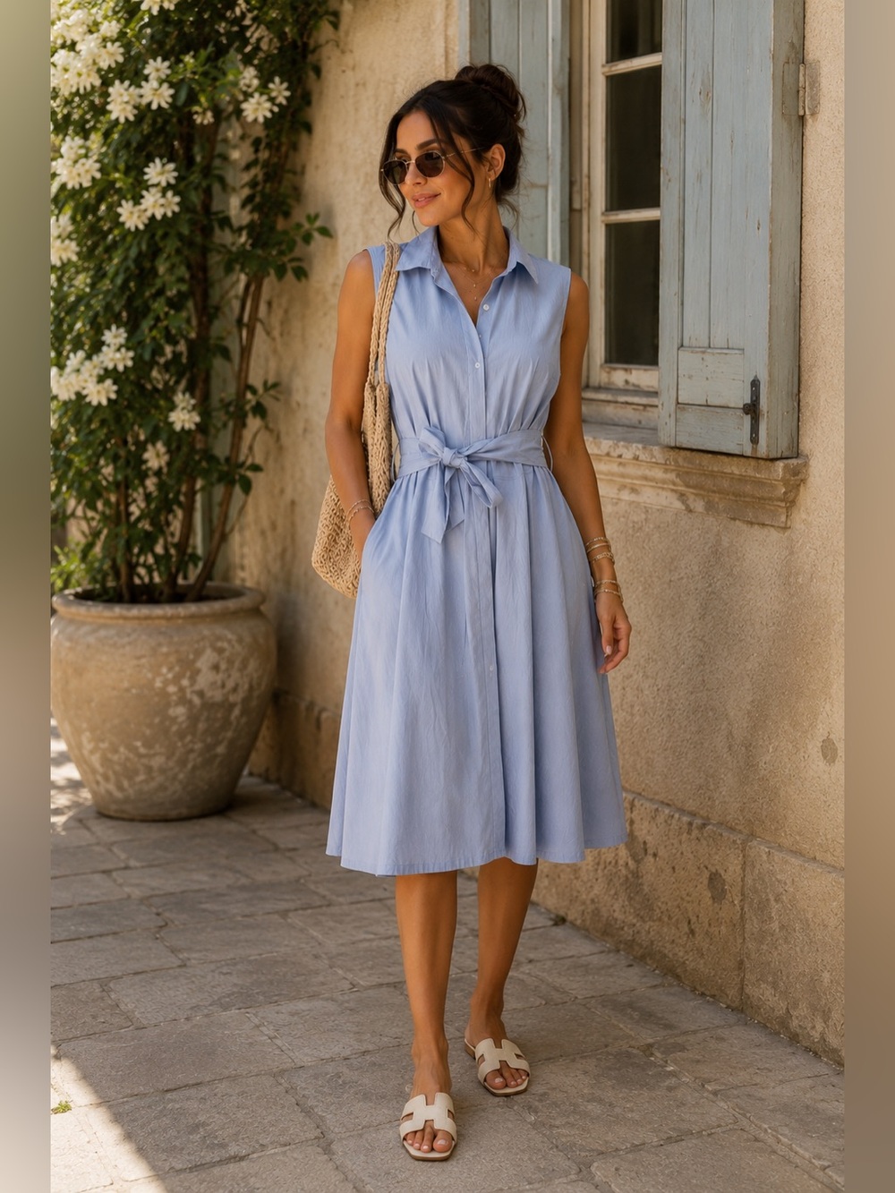 Who What Wear Blue Pinstripe Sleeveless Shirt Dress Tie Waist Midi Dress Large